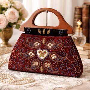 Vintage Beaded Sequin Evening Bag Wooden Arch Handles Velvet Trim Satin Lined